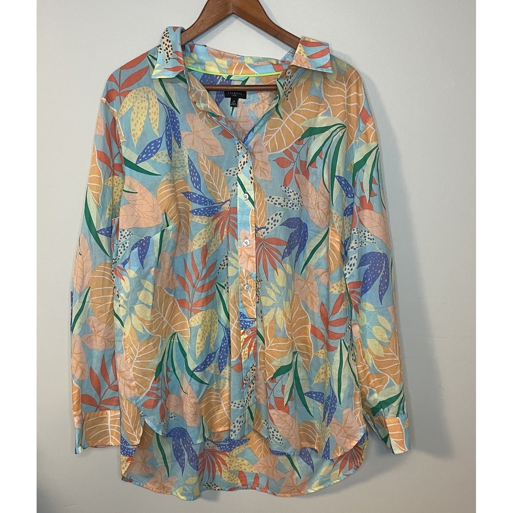 Talbots Button Up Shirt Size 2X Cotton Multicolor Tropical Leaf Print EUC‎